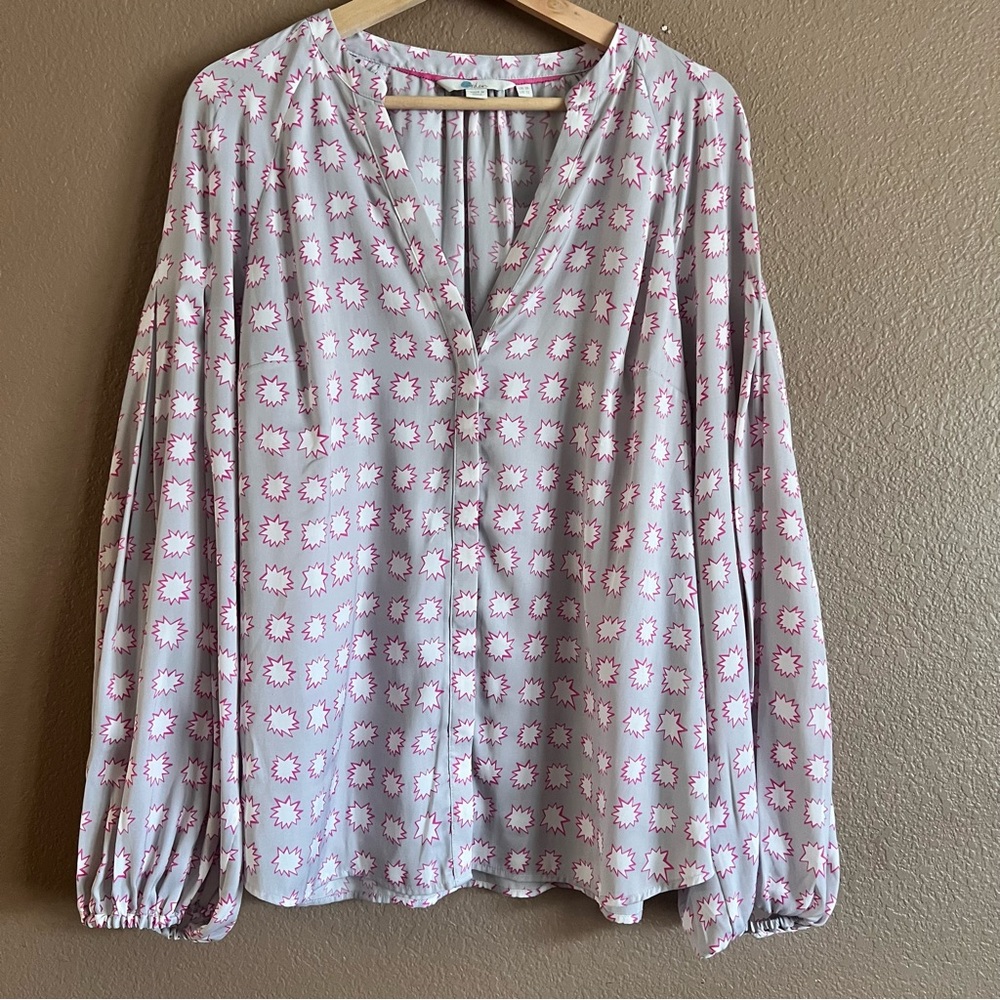 Boden Harriet Button Down Blouse Gray Pink White Starburst Blouson Sleeve Sz 12